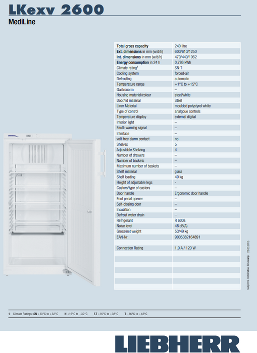 Liebherr LKexv 2600 Spark Proof Fridge (solid door)-240 litres SUBJECT TO STOCK AVAILABILITY