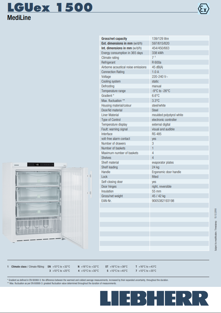 Liebherr LGUex 1500 Spark Free Laboratory Freezer-139 litres